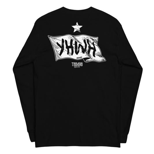 Black long sleeve YHWH Flag Tee, Back, Christian Apparel