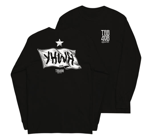 Black long sleeve YHWH Flag Tee, Front and Back, Christian Apparel