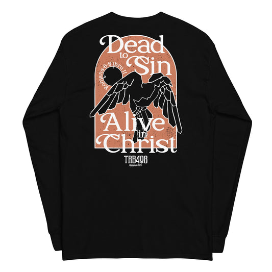 Black long sleeve Alive In Christ Tee, Back, Christian Apparel
