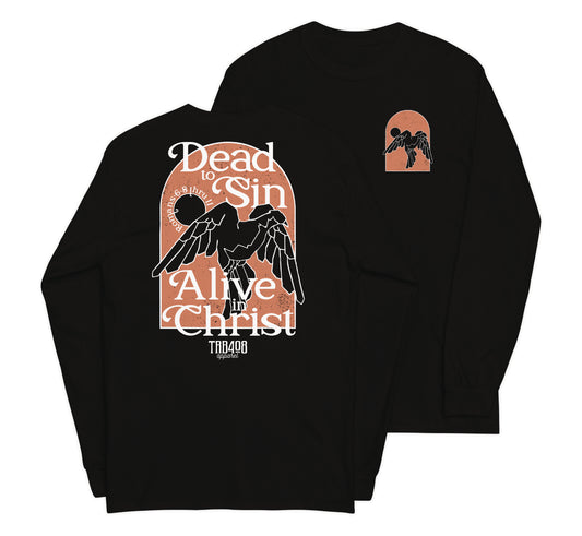 Black long sleeve Alive In Christ Tee, Front and Back, Christian Apparel