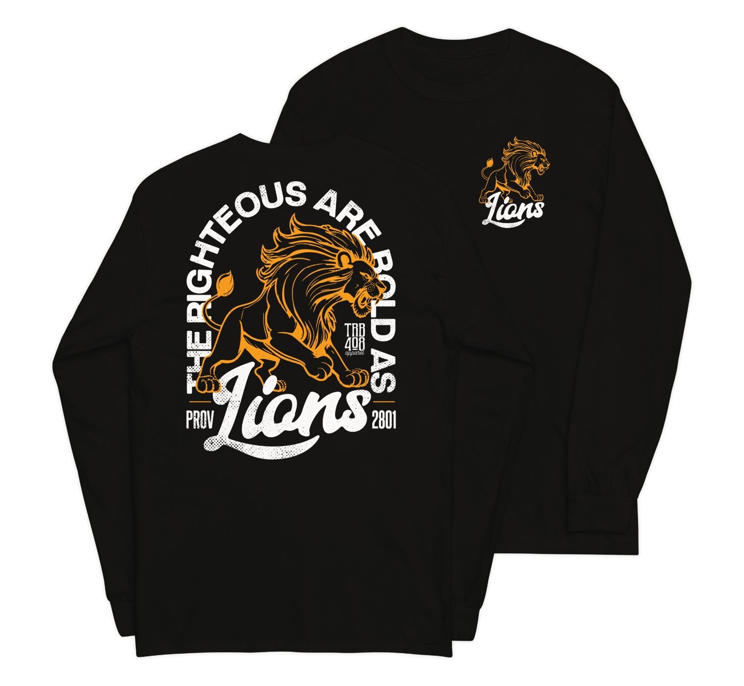 Black long sleeve Bold As Lions Tee, Front and Back, Christian Apparel