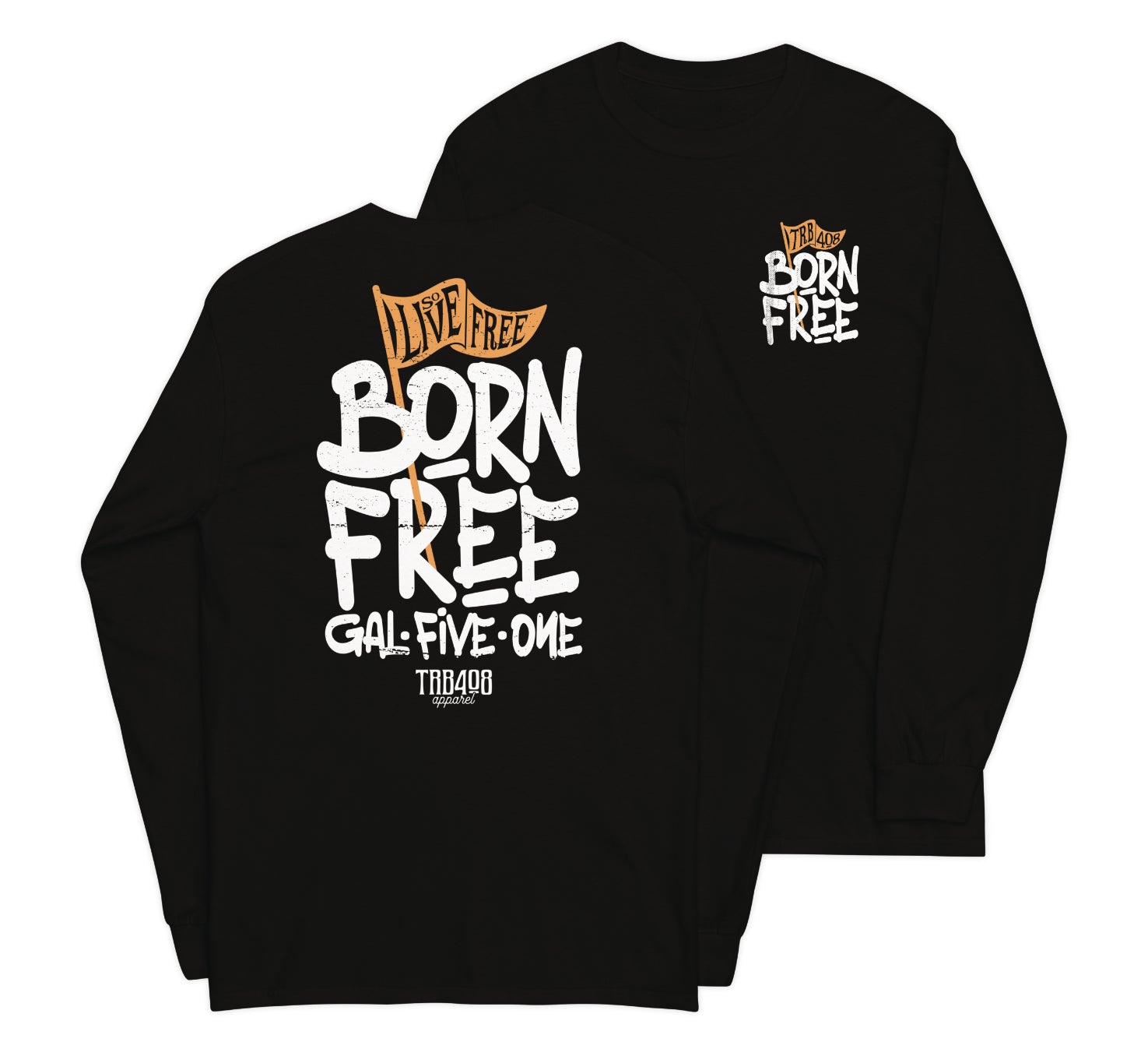 Black long sleeve Born Free Tee, Front and Back, Christian Apparel