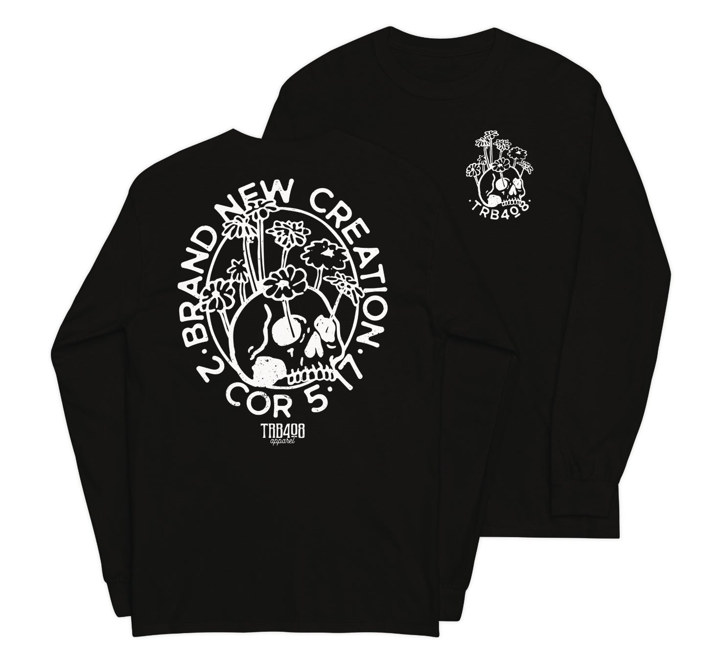 Black long sleeve Brand New Creation Tee, Front and Back, Christian Apparel