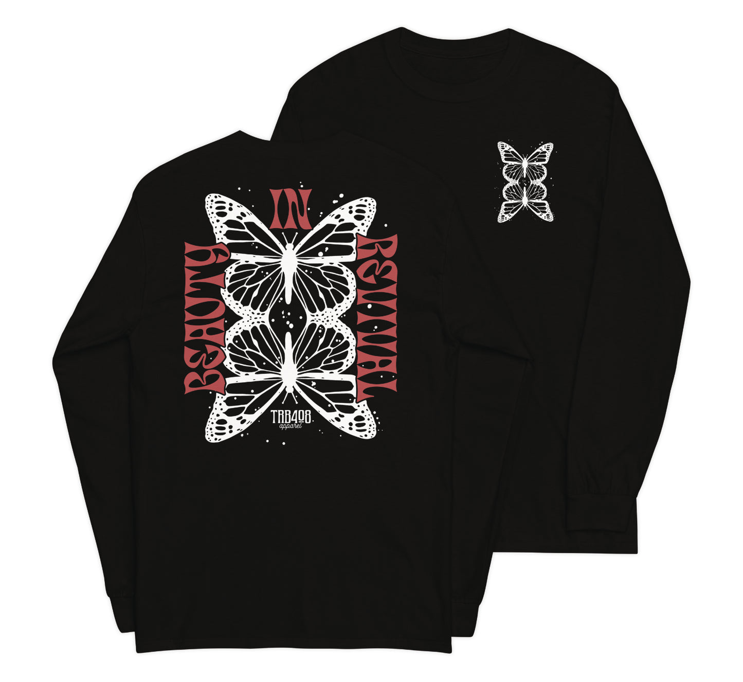 Black long sleeve Butterfly Tee, Front and Back, Christian Apparel