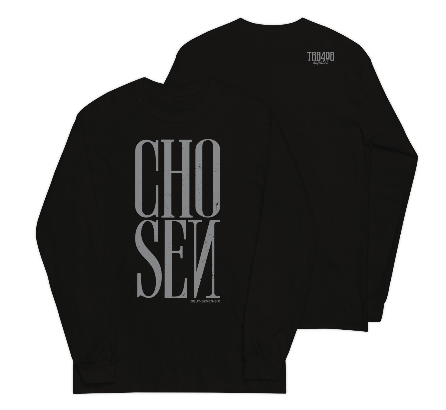 Black long sleeve Chosen Tee, Front and Back, Christian Apparel