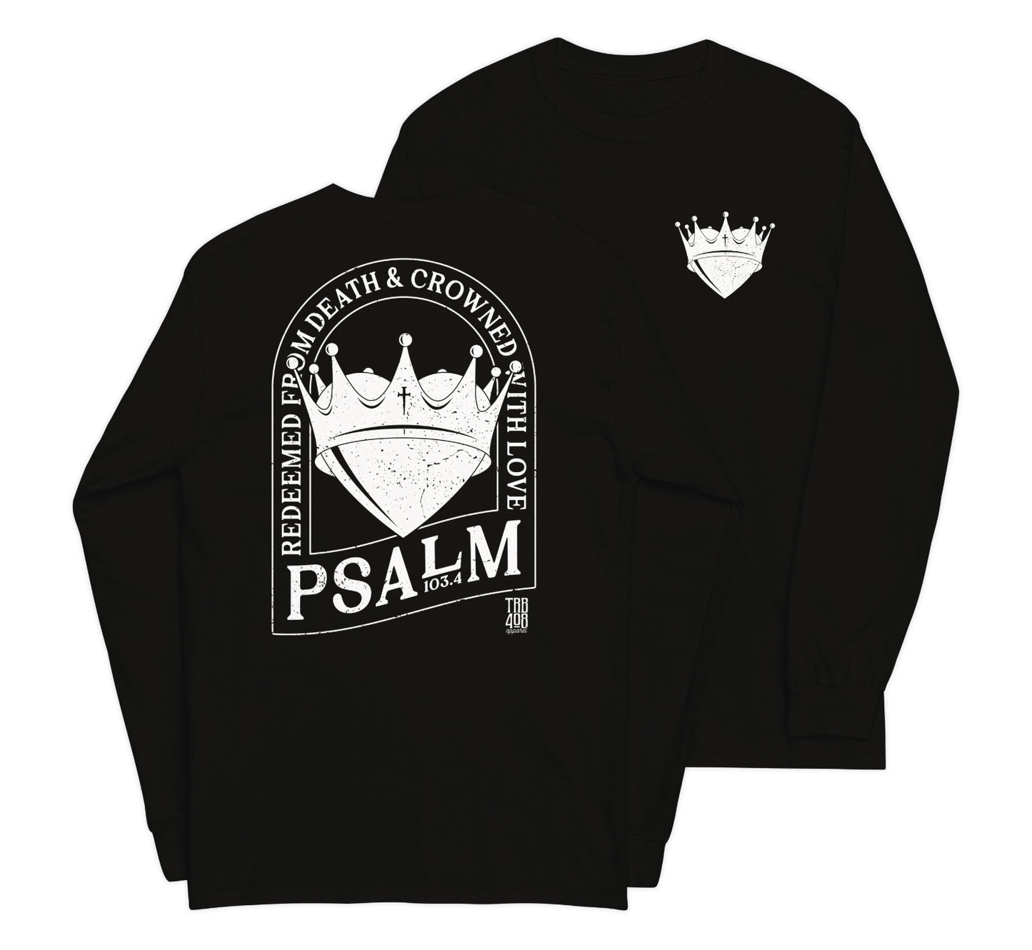 Black long sleeve Crowned Heart Tee, Front and Back, Christian Apparel