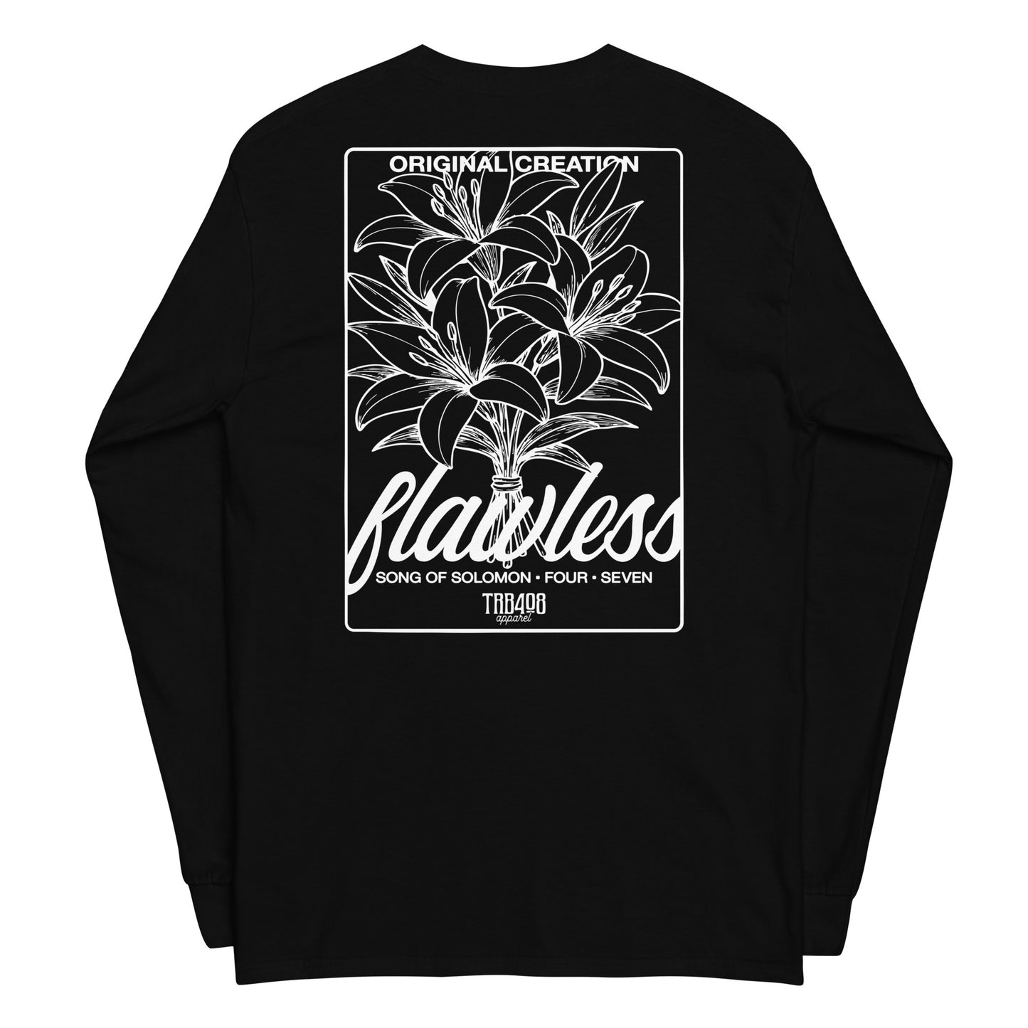 Black long sleeve Flawless Rose 2.0 Tee, Back, Christian Apparel