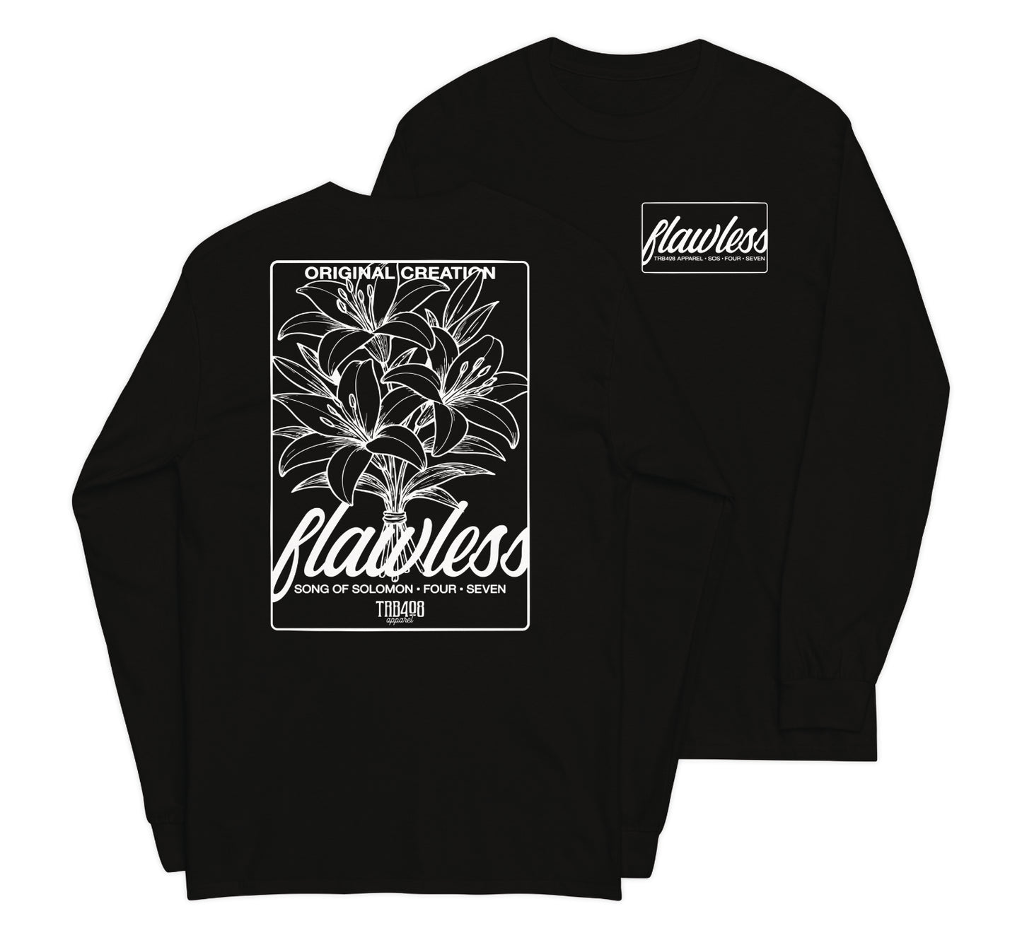 Black long sleeve Flawless Rose 2.0 Tee, Front and Back, Christian Apparel