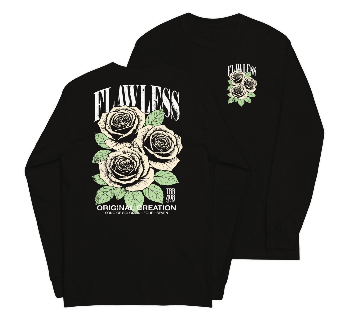 Black long sleeve Flawless Rose Tee, Front and Back, Christian Apparel