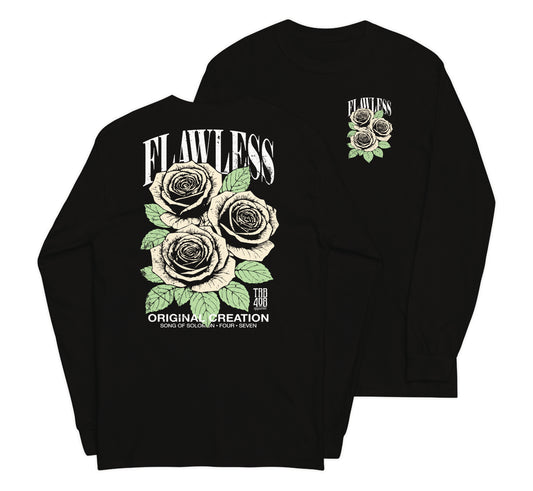 Black long sleeve Flawless Rose Tee, Front and Back, Christian Apparel