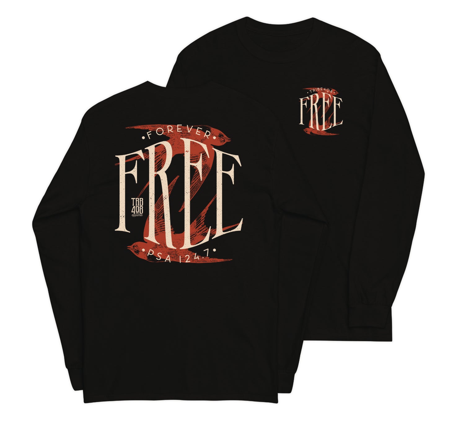 Black long sleeve Free Bird Tee, Front and Back, Christian Apparel