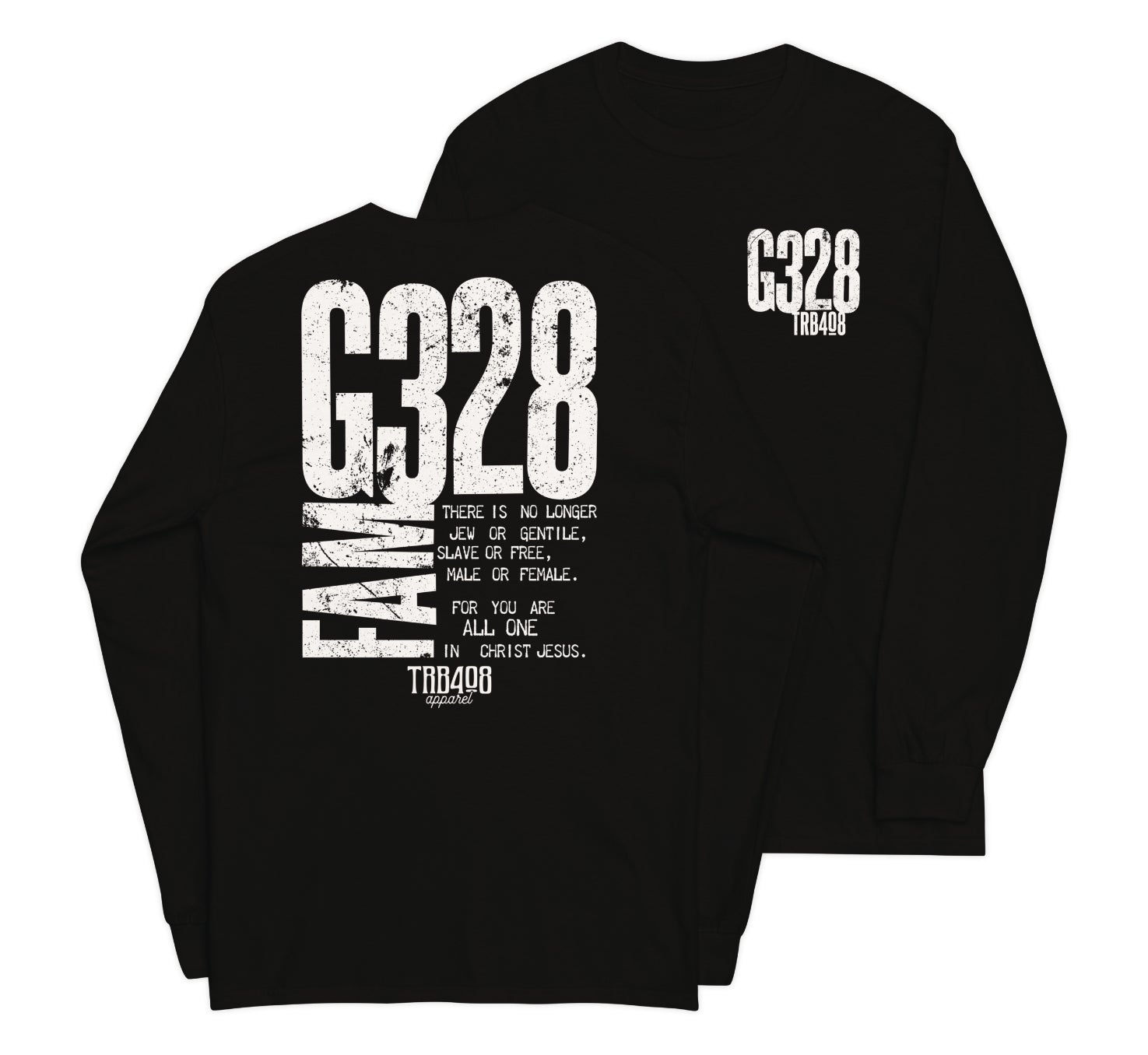 Black long sleeve G-Fam Tee, Front and Back, Christian Apparel