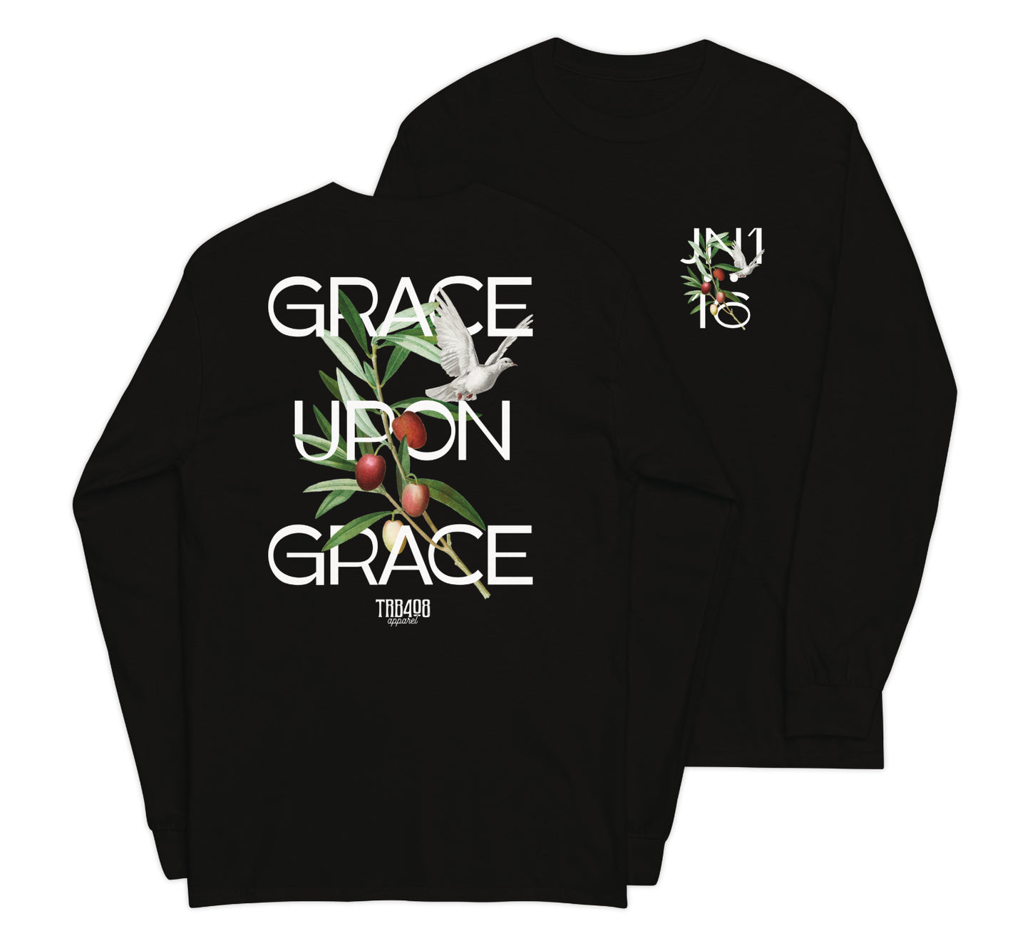 Black long sleeve Grace Upon Grace Tee, Front and Back, Christian Apparel