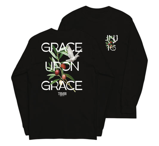 Black long sleeve Grace Upon Grace Tee, Front and Back, Christian Apparel