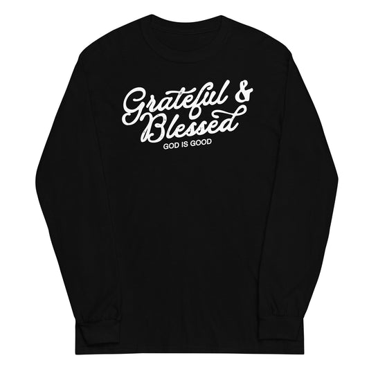 Black long sleeve Grateful & Blessed Tee, Front, Christian Apparel