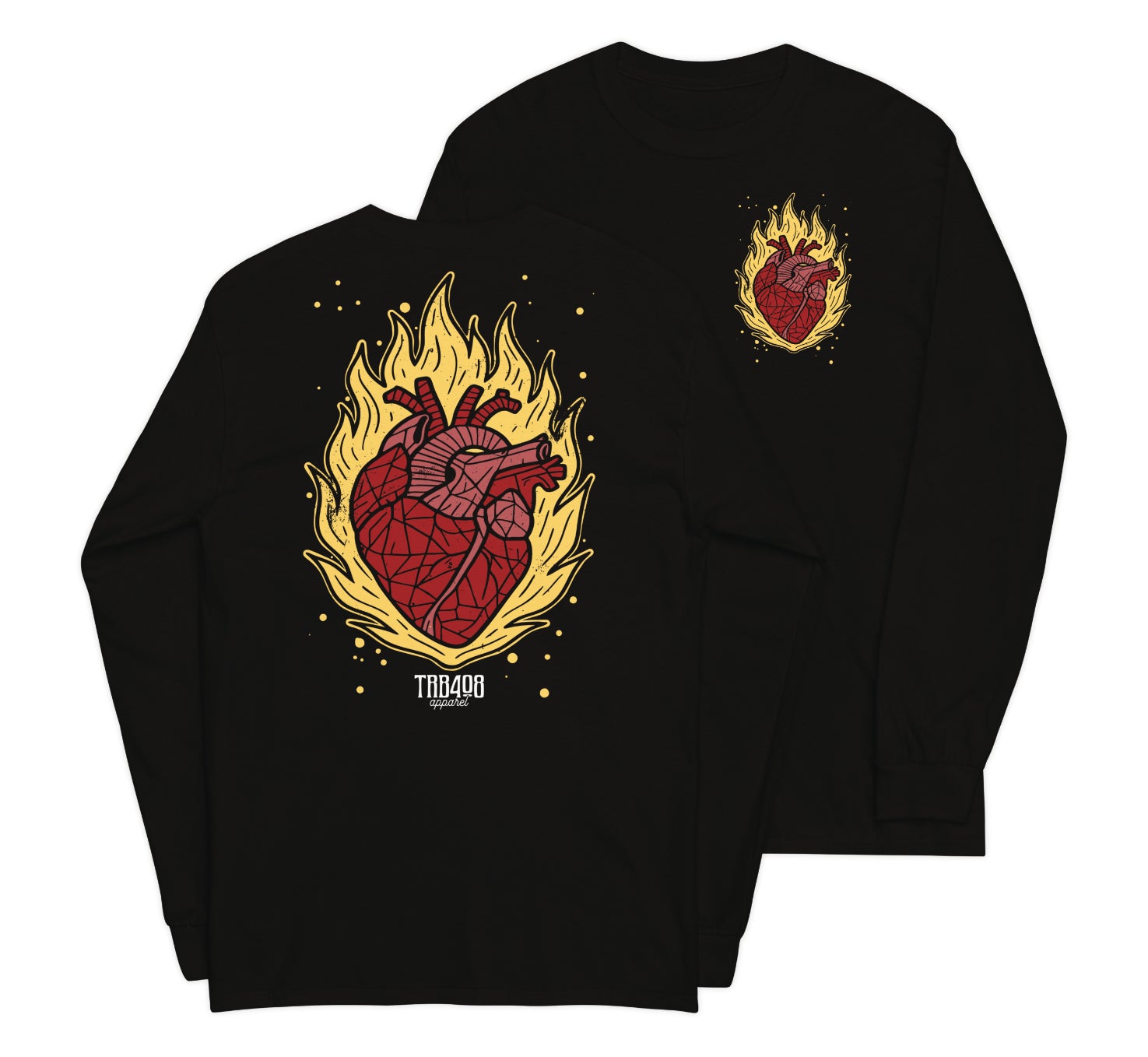 Black long sleeve Heart On Fire Tee, Front and Back, Christian Apparel