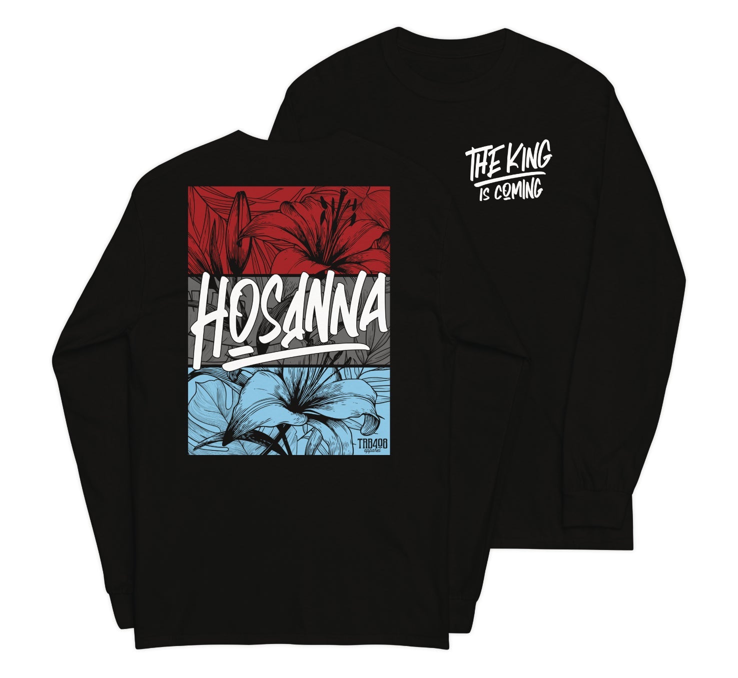 Black long sleeve Hosanna Tee, Front and Back, Christian Apparel
