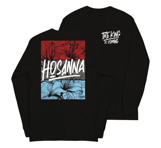 Black long sleeve Hosanna Tee, Front and Back, Christian Apparel