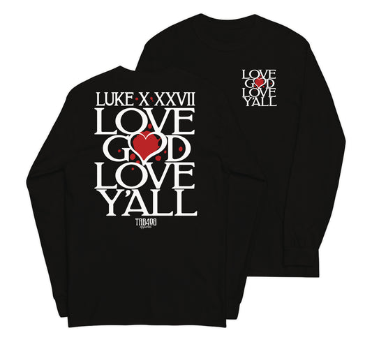 Black long sleeve Love Y'all Tee, Front and Back, Christian Apparel