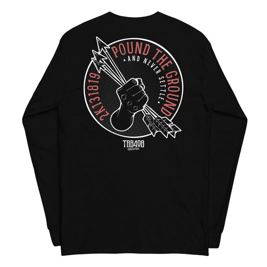 Black long sleeve Never Settle Tee, Back, Christian Apparel