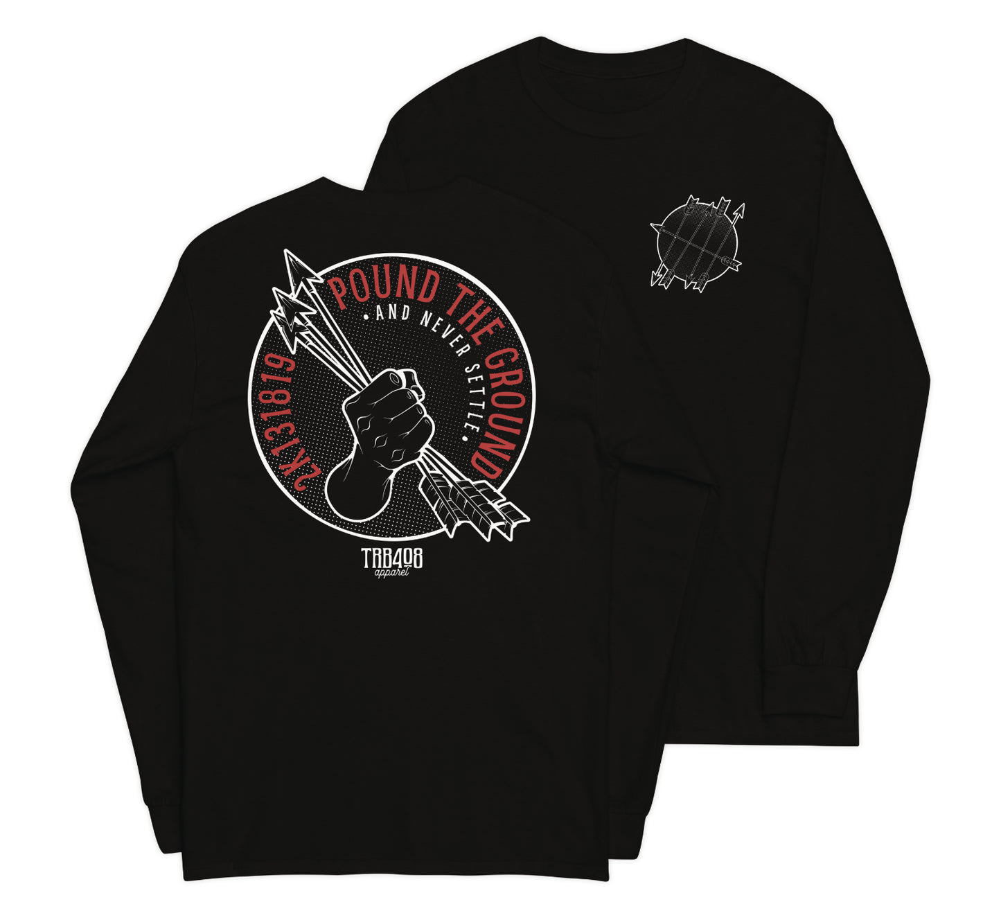 Black long sleeve Never Settle Tee, Front and Back, Christian Apparel