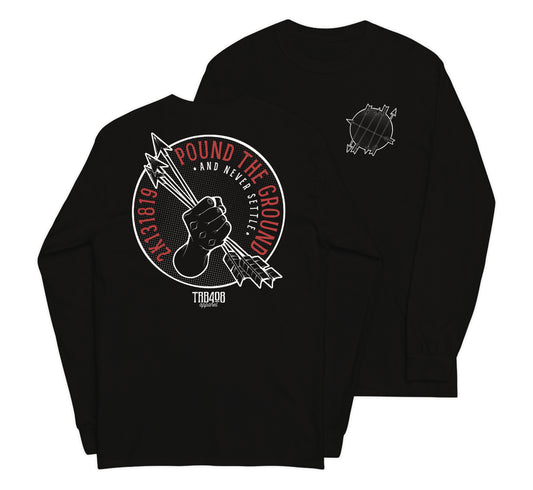 Black long sleeve Never Settle Tee, Front and Back, Christian Apparel