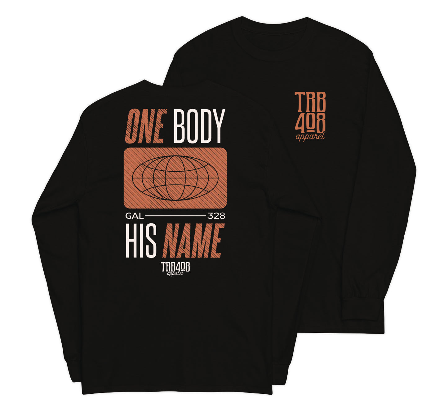 Black long sleeve Tribe Globe Tee, Front and Back, Christian Apparel