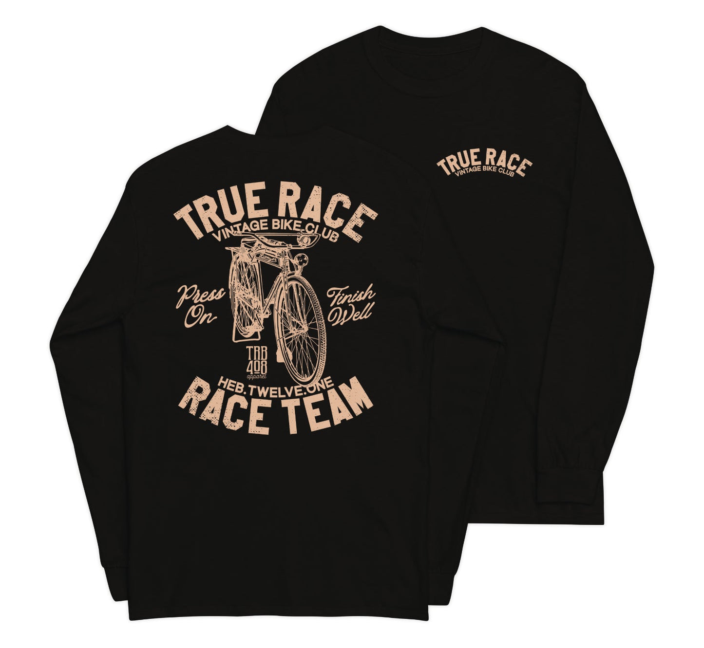 Black long sleeve True Race Tee, Front and Back, Christian Apparel