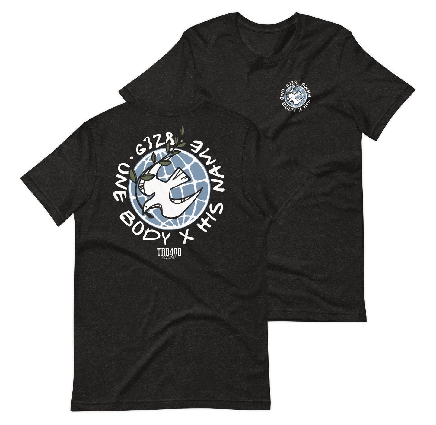 Black short sleeve G328 Globe Tee, Front and Back, Christian Apparel