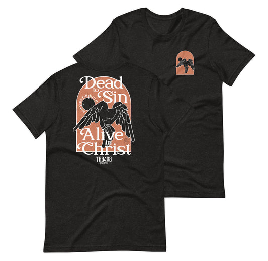 Black short sleeve Alive In Christ Tee, Front and Back, Christian Apparel