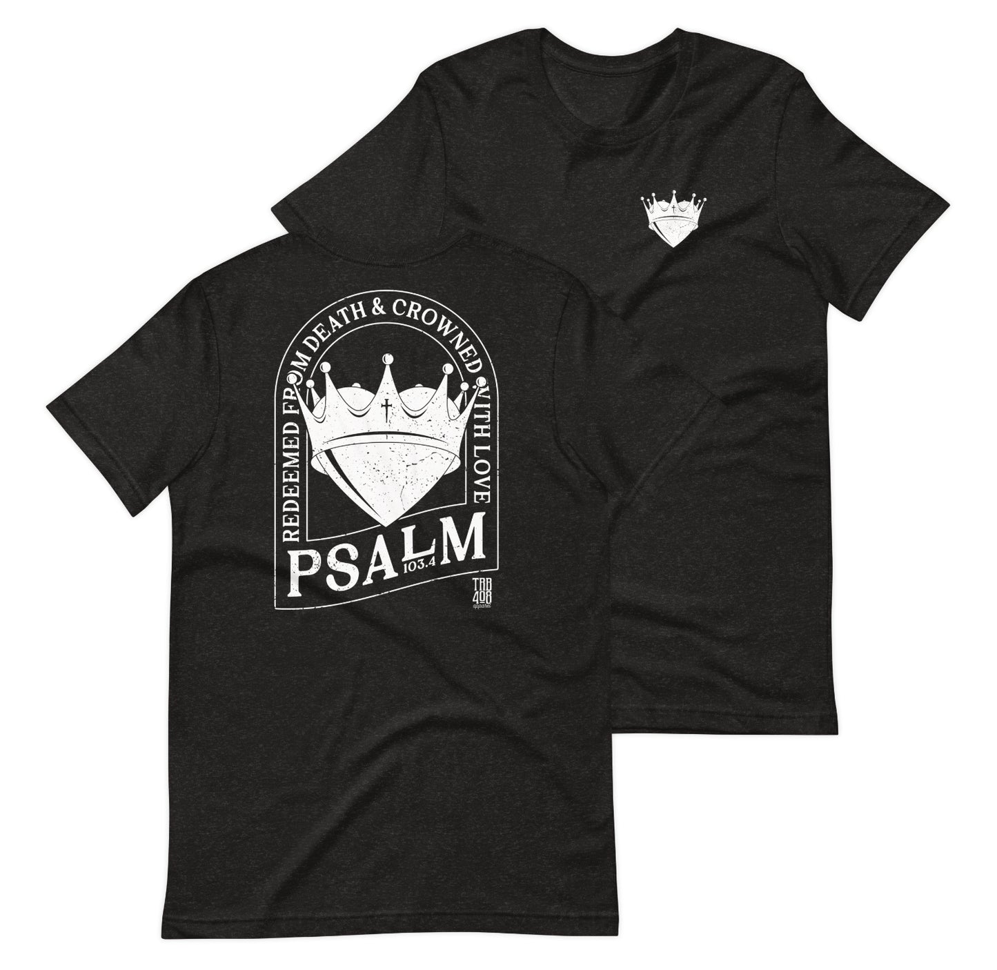 Black short sleeve Crowned Heart Tee, Front and Back, Christian Apparel
