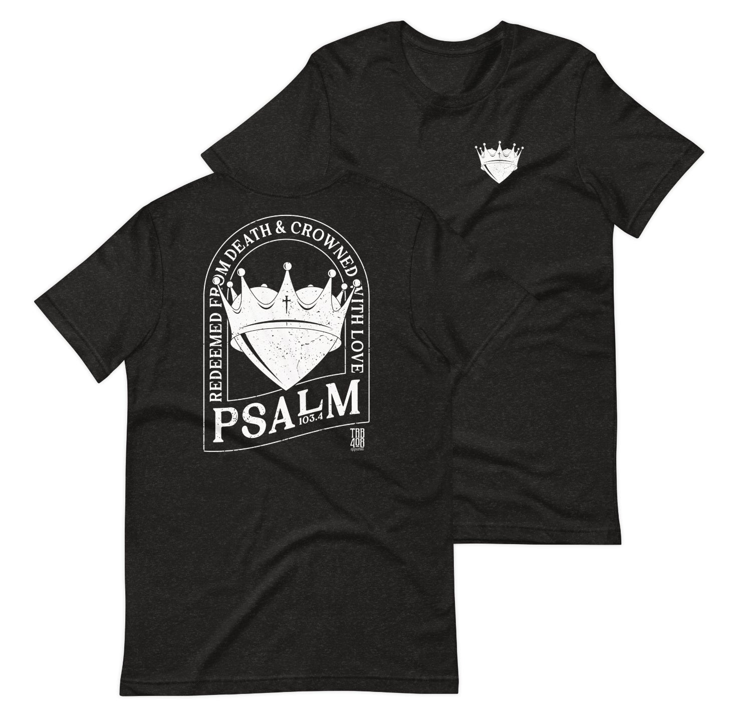 Black short sleeve Crowned Heart Tee, Front and Back, Christian Apparel