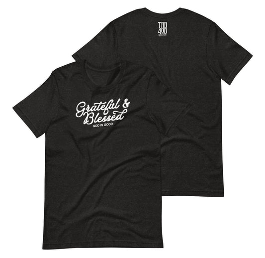 Black short sleeve Grateful & Blessed Tee, Front and Back, Christian Apparel