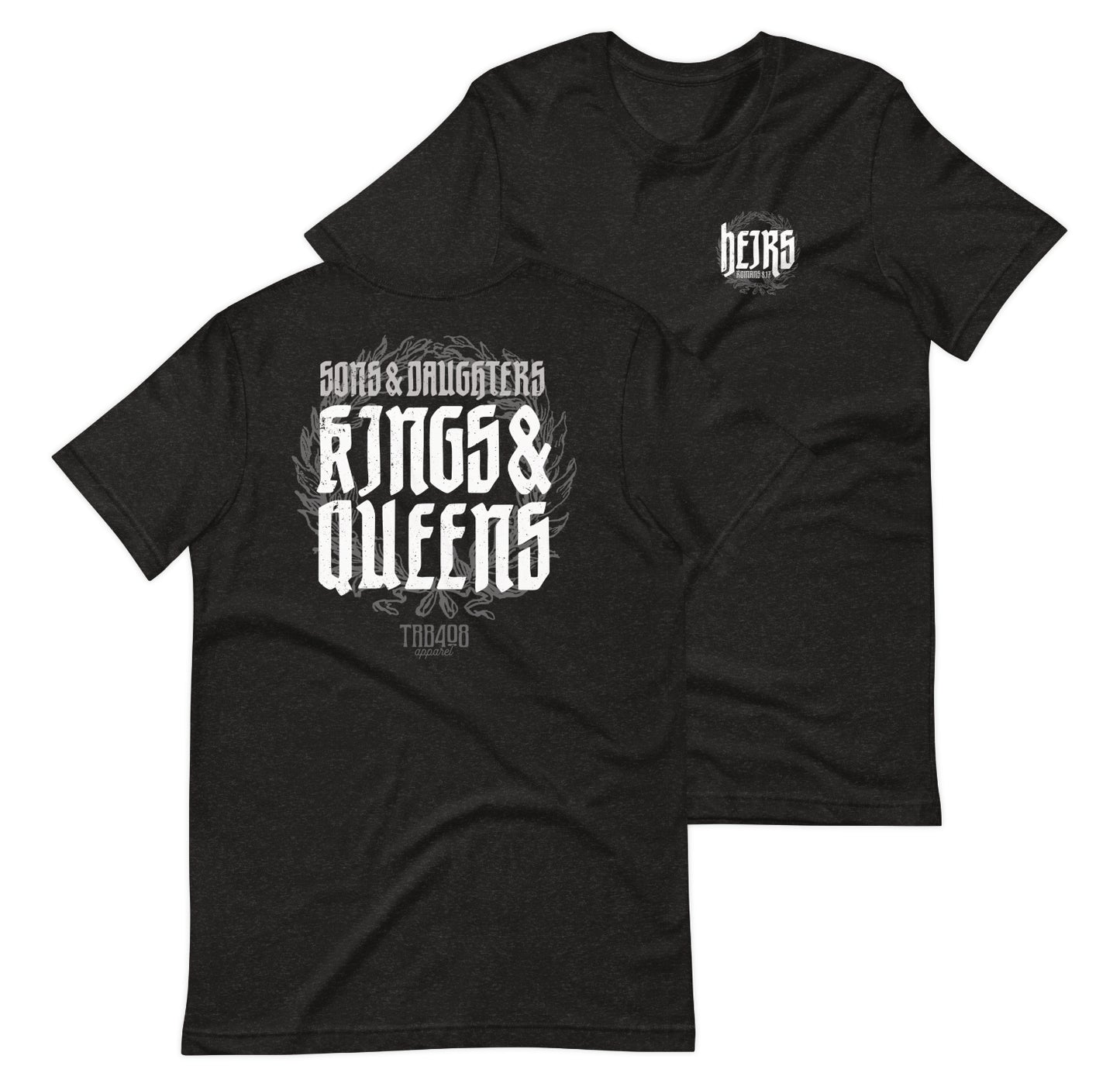 Black short sleeve Heirs Tee, Front and Back, Christian Apparel