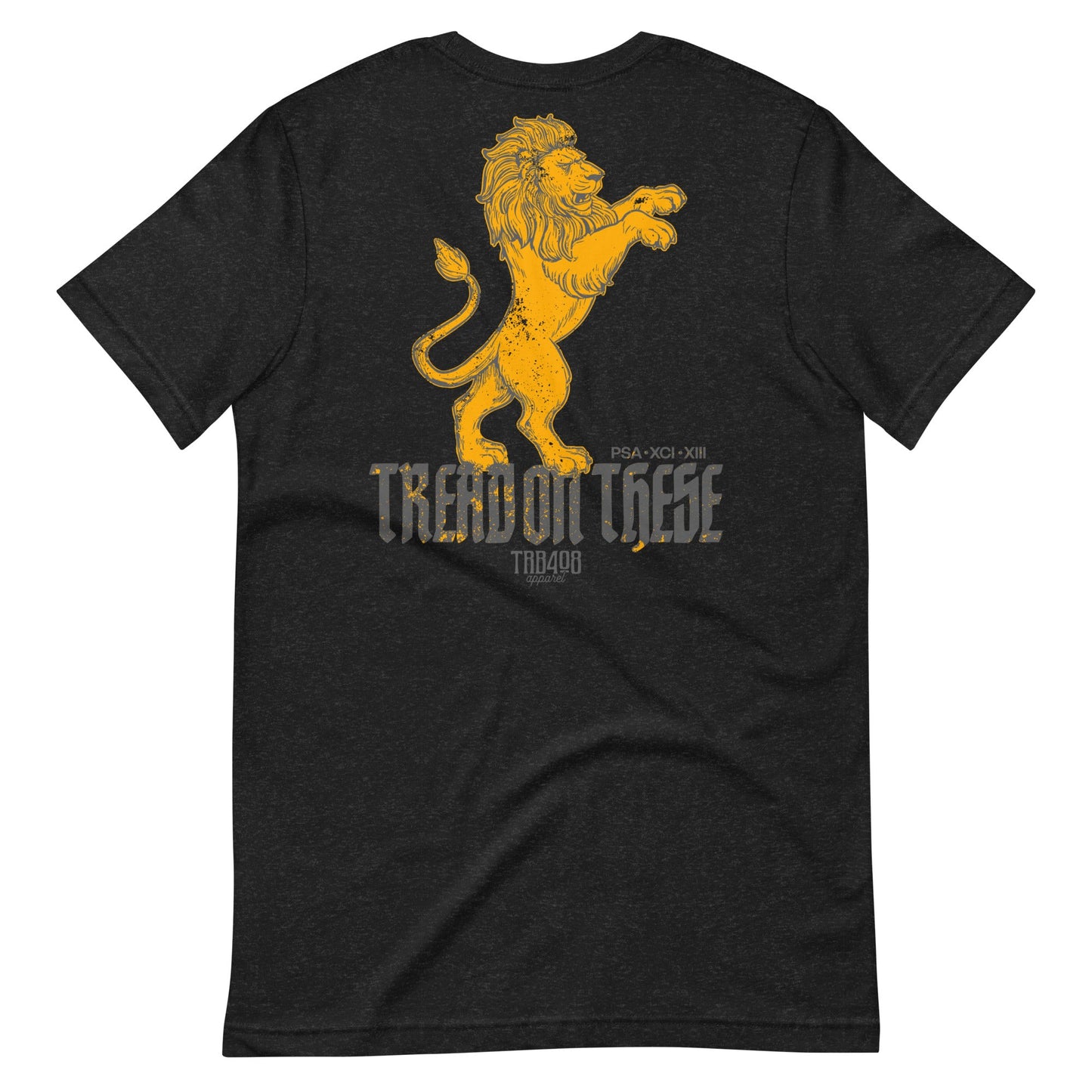 Black short sleeve Tread On These (Lion) Tee, Back, Christian Apparel