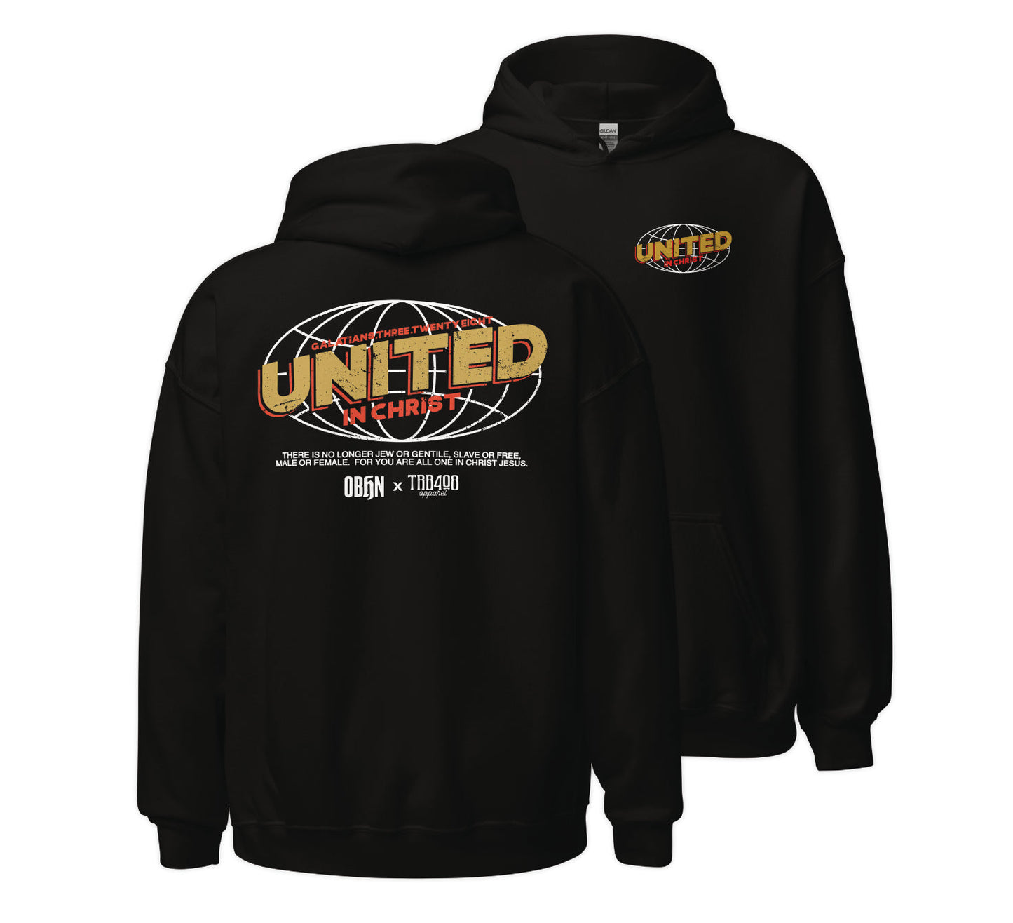 Black United Globe Hoodie, Front and Back, Christian Apparel