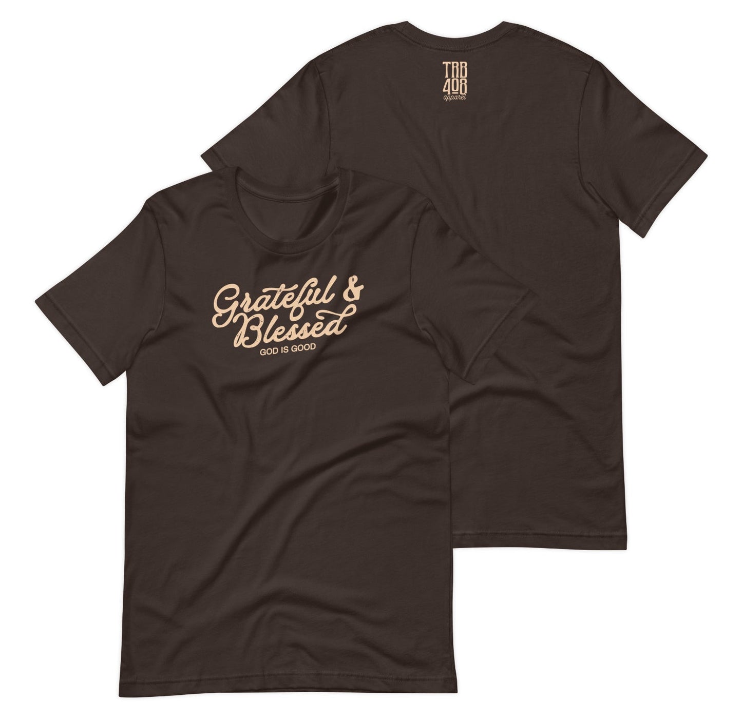 Brown short sleeve Grateful & Blessed Tee, Front and Back, Christian Apparel
