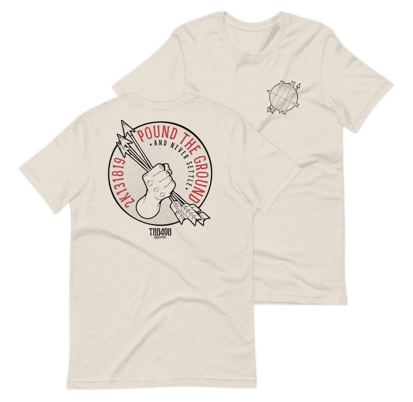 Dust short sleeve Never Settle Tee, Front and Back, Christian Apparel