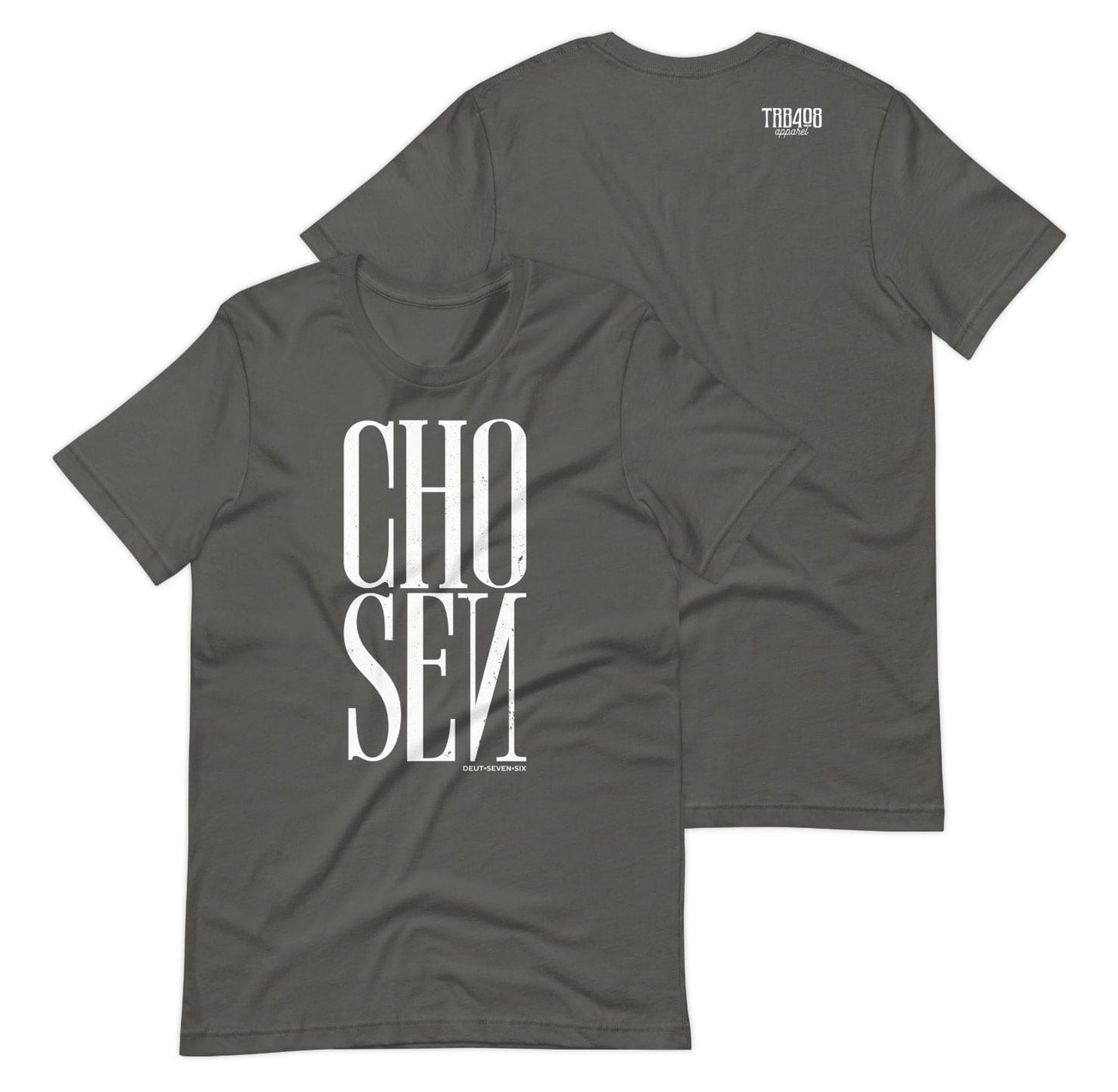 Gray short sleeve Chosen Tee, Front and Back, Christian Apparel