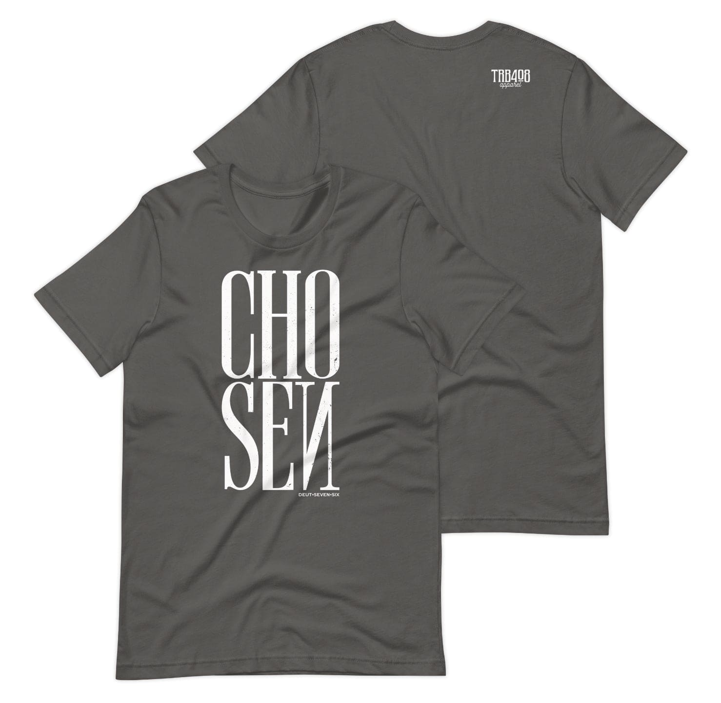 Gray short sleeve Chosen Tee, Front and Back, Christian Apparel