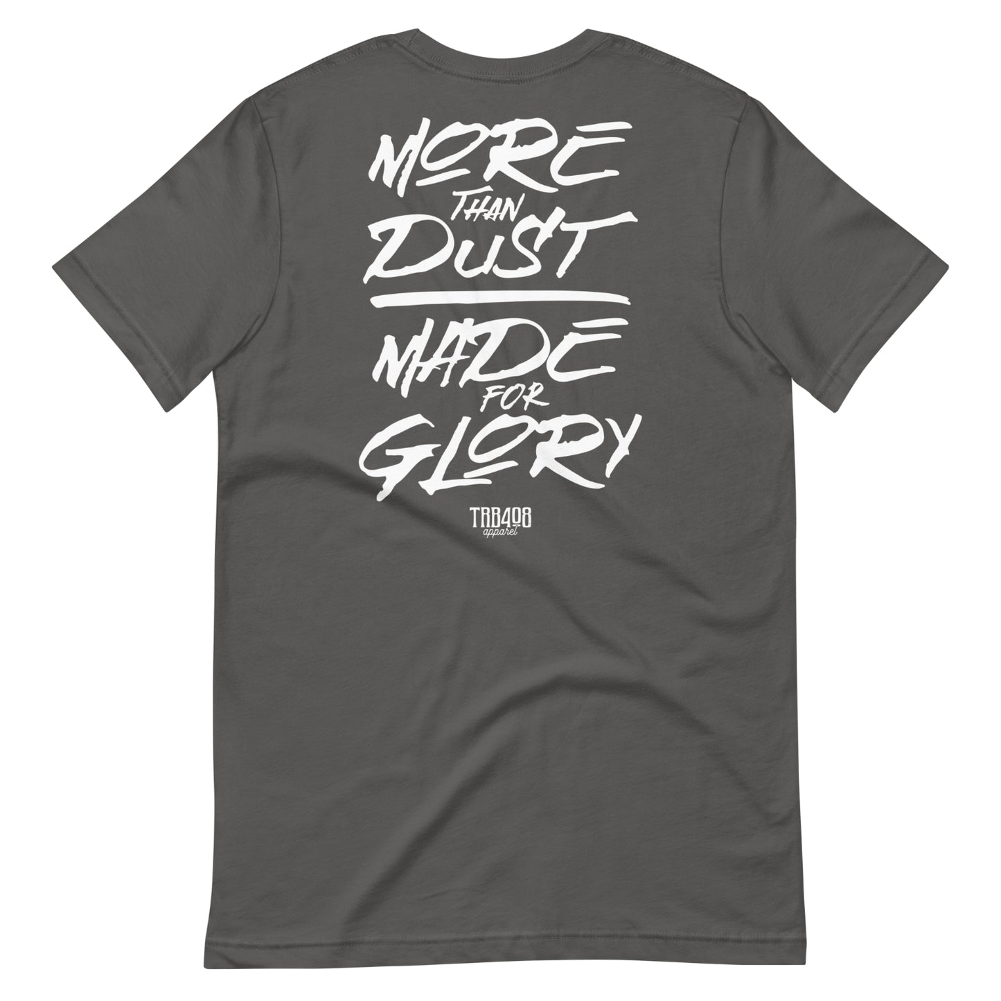 Gray short sleeve Dust & Glory Tee, Back, Christian Apparel