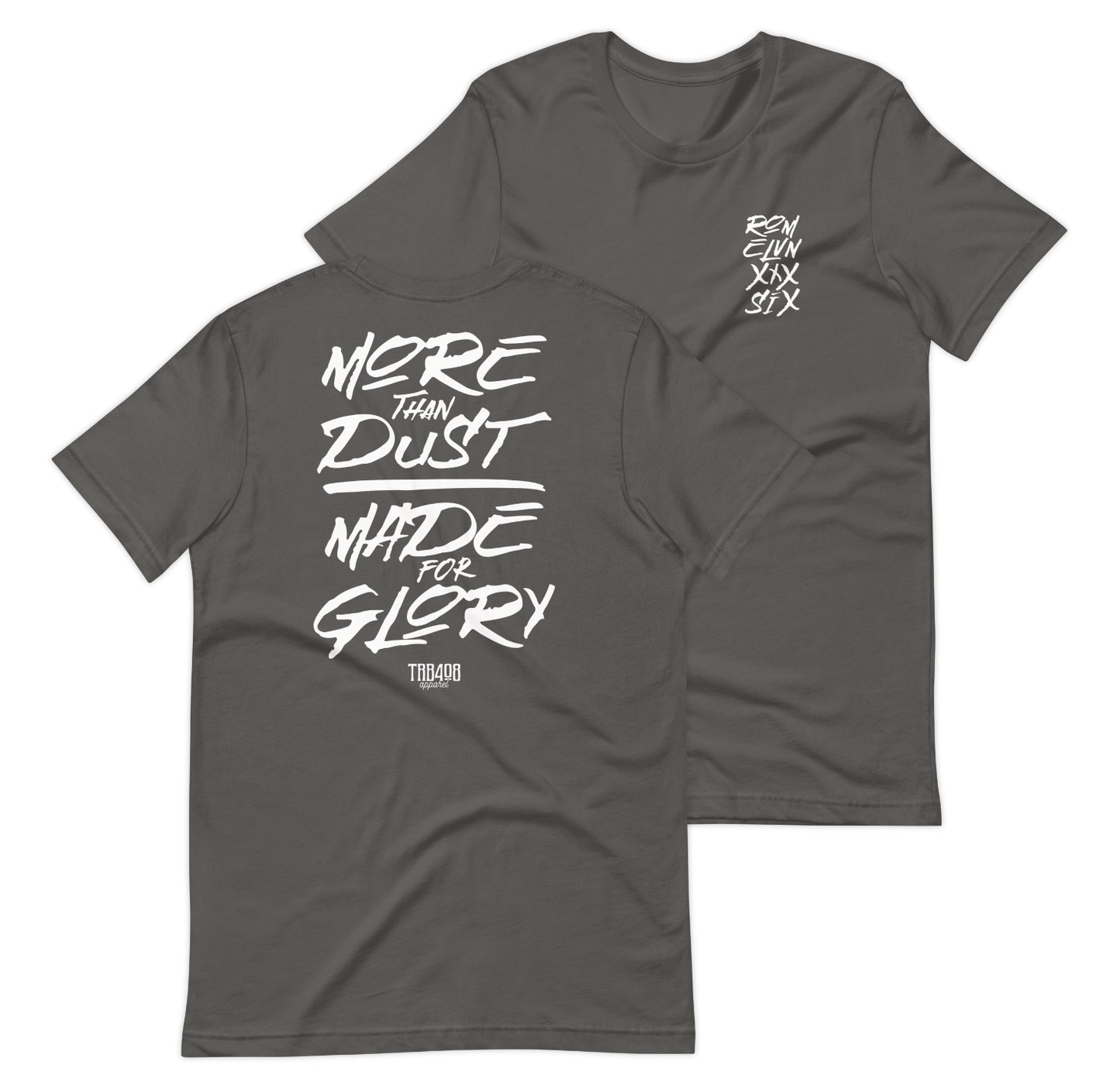 Gray short sleeve Dust & Glory Tee, Front and Back, Christian Apparel