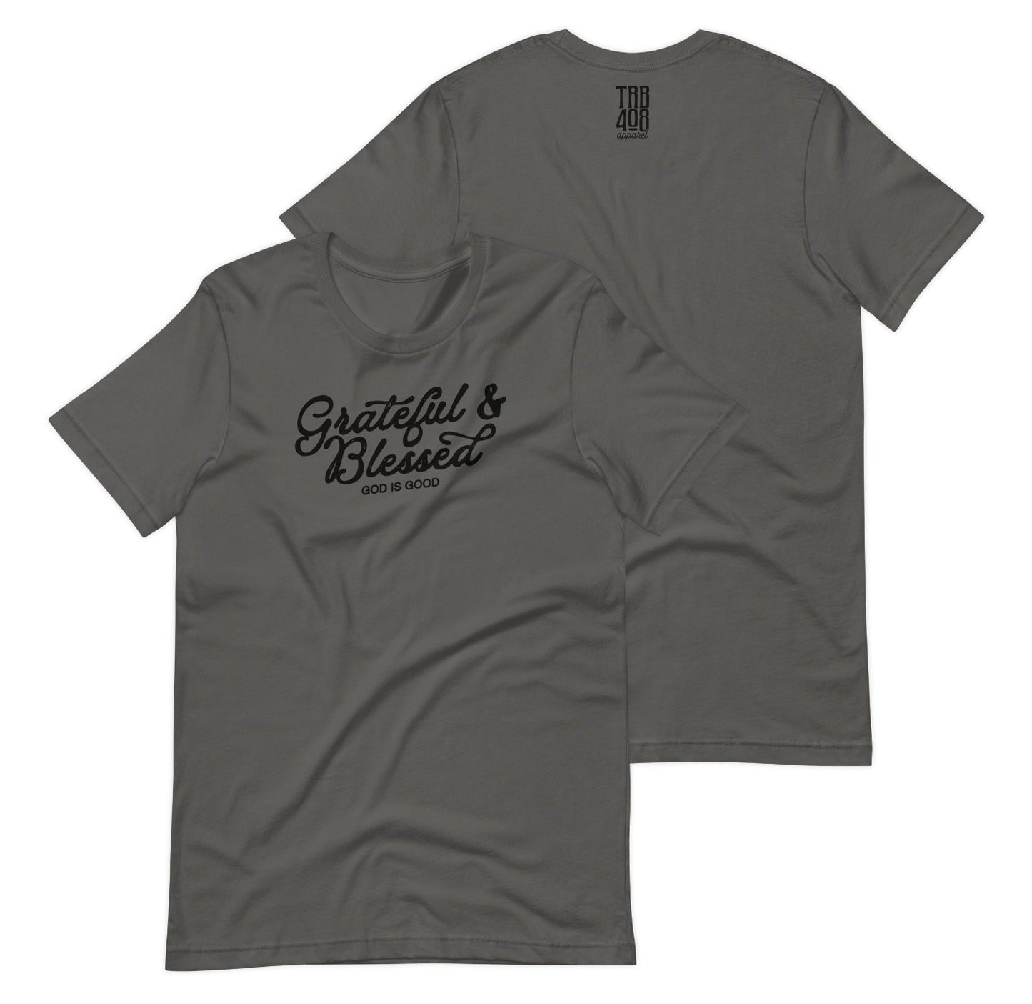Gray short sleeve Grateful & Blessed Tee, Front and Back, Christian Apparel