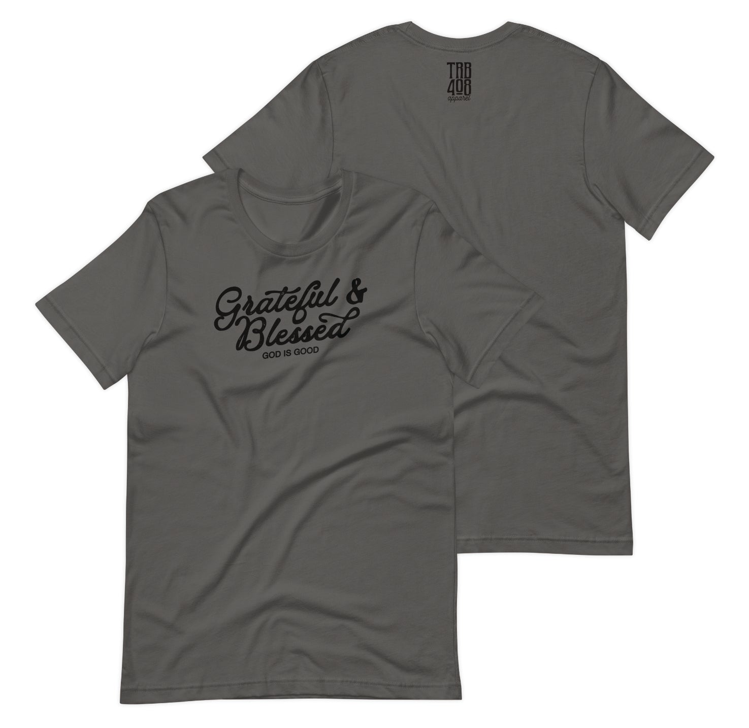 Gray short sleeve Grateful & Blessed Tee, Front and Back, Christian Apparel