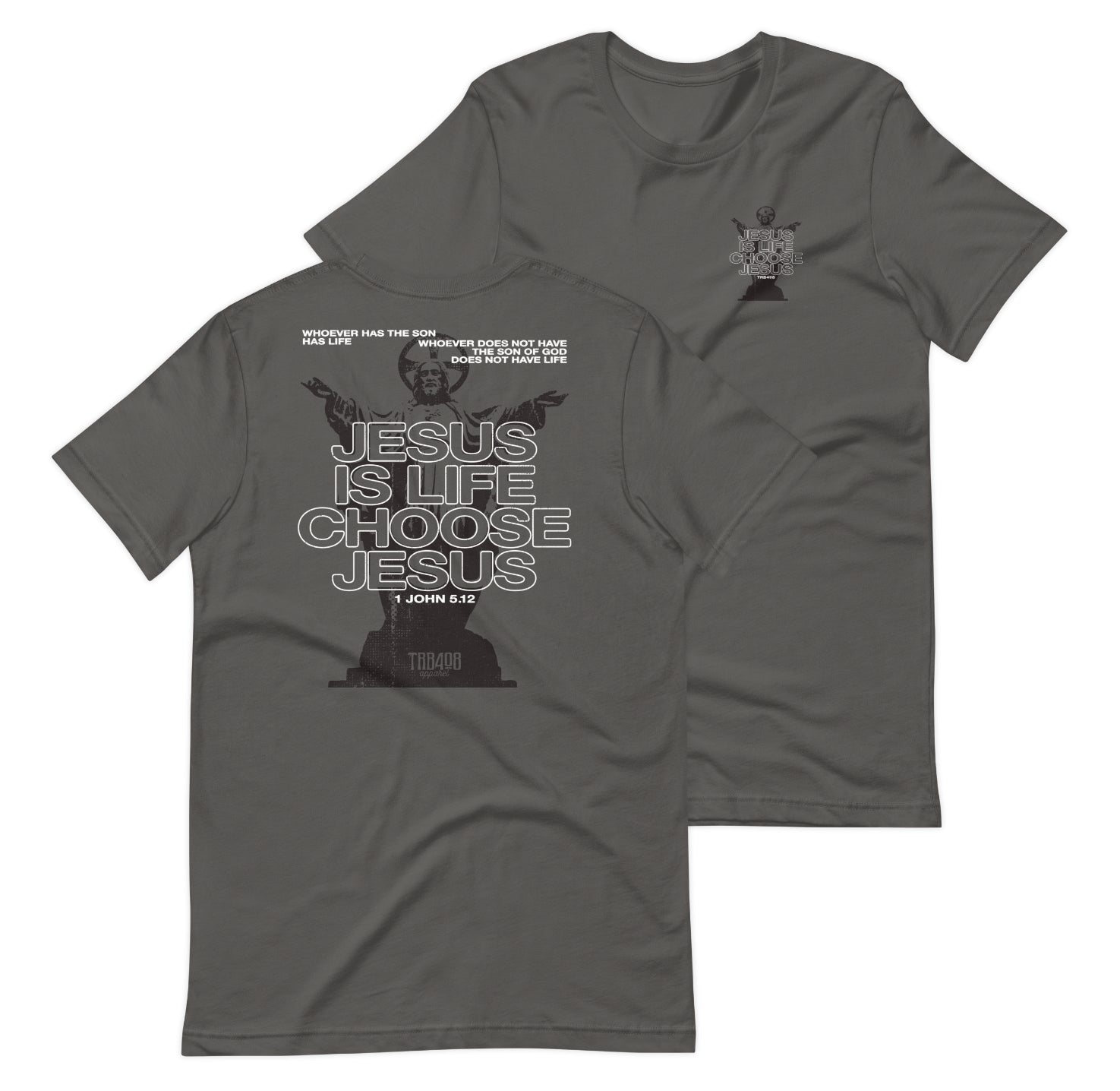 Gray short sleeve Jesus Is Life Tee, Front and Back, Christian Apparel