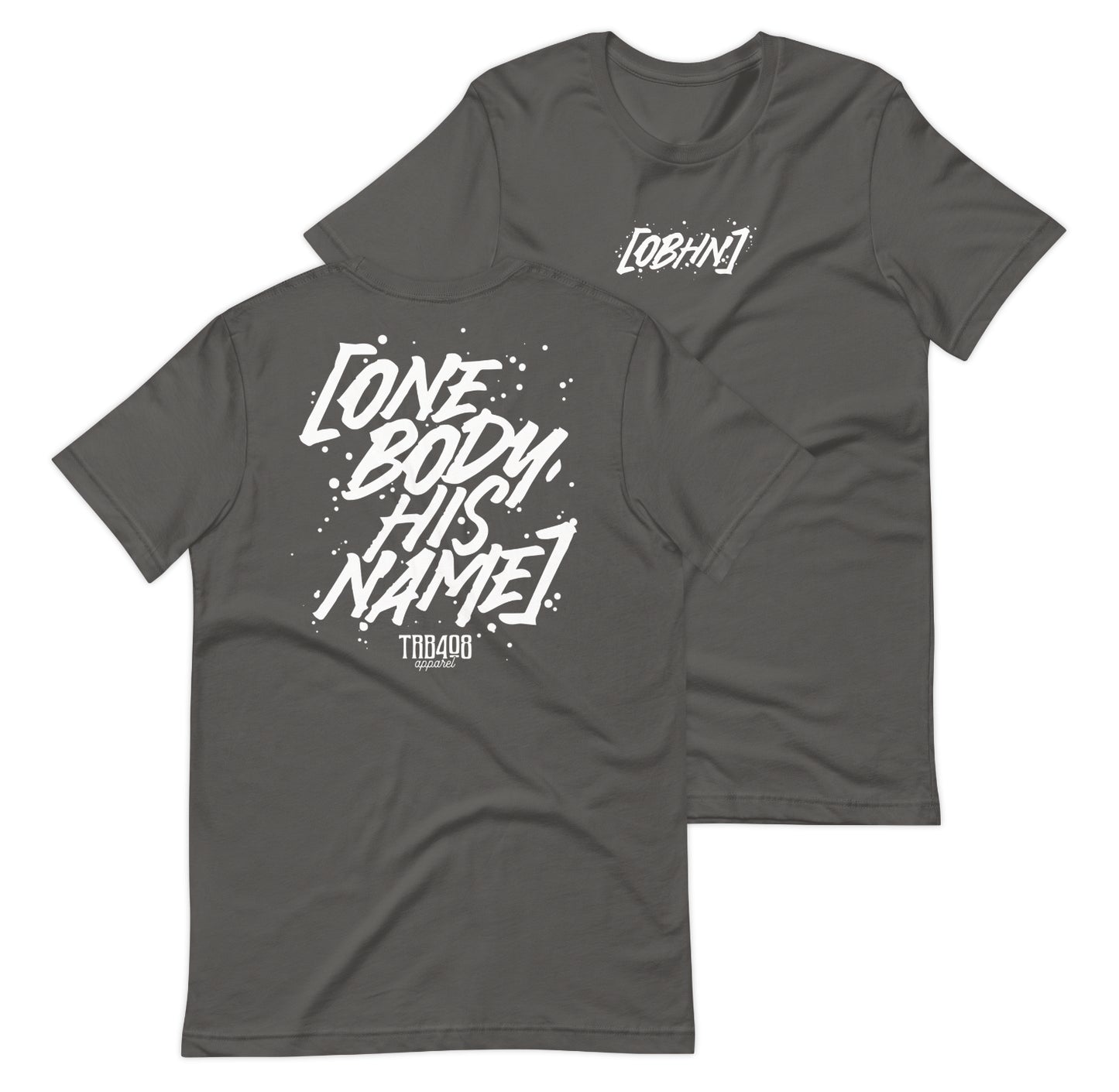 Gray short sleeve OBHN Script Tee, Front and Back, Christian Apparel