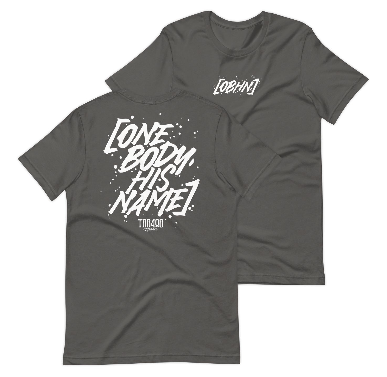 Gray short sleeve OBHN Script Tee, Front and Back, Christian Apparel