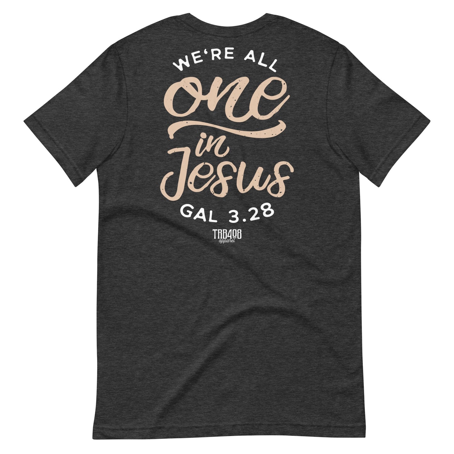 Gray short sleeve One In Jesus Tee, Back, Christian Apparel