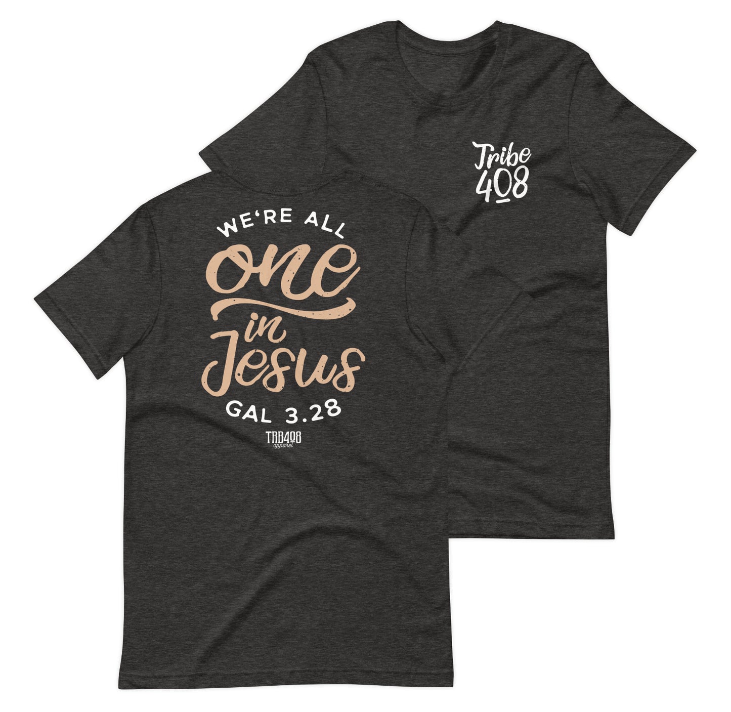 Gray short sleeve One In Jesus Tee, Front and Back, Christian Apparel