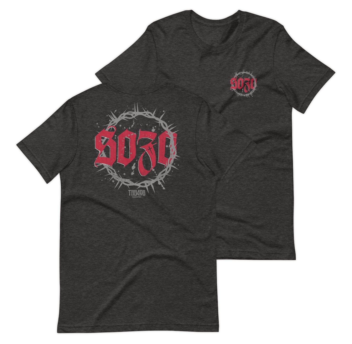 Gray short sleeve Sozo Tee, Front and Back, Christian Apparel